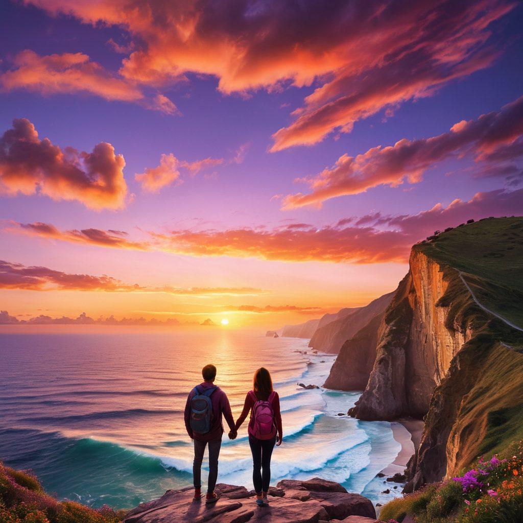 A dreamy sunset view featuring a couple holding hands on a cliff overlooking the ocean, with soft clouds and vibrant colors in the sky. Include elements like flight tickets, budget-friendly insurance brochures subtly placed in the foreground, hinting at travel. Create an illusion of serenity and adventure. super-realistic. vibrant colors. picturesque landscape.