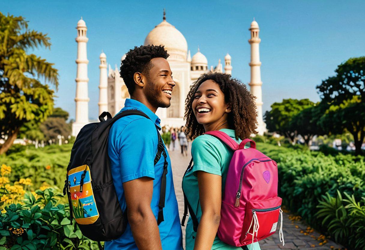 A couple happily exploring a vibrant travel destination, sharing laughter and joy, surrounded by iconic landmarks and nature. Their backpacks are adorned with stickers representing budget travel. In the background, hints of travel insurance documents and a heart symbolizing affection. The image should evoke a sense of adventure and love on a budget. super-realistic. vibrant colors.