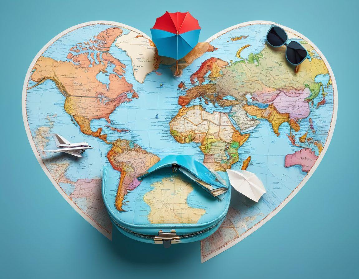 A vibrant illustration of a heart shaped like a wallet, surrounded by various travel icons such as an airplane, beach umbrella, and suitcase. The background features a world map with dotted lines indicating travel routes, and dollar signs subtly blended in. Emphasize a sense of protection and affordability, with bright, inviting colors. super-realistic. vibrant colors. light blue background.